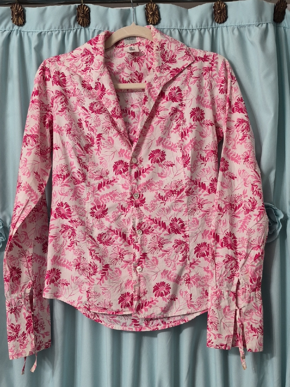 Craig Taylor Pink & White Floral print button Tie Cuff  "Grace" Top Sz XS
